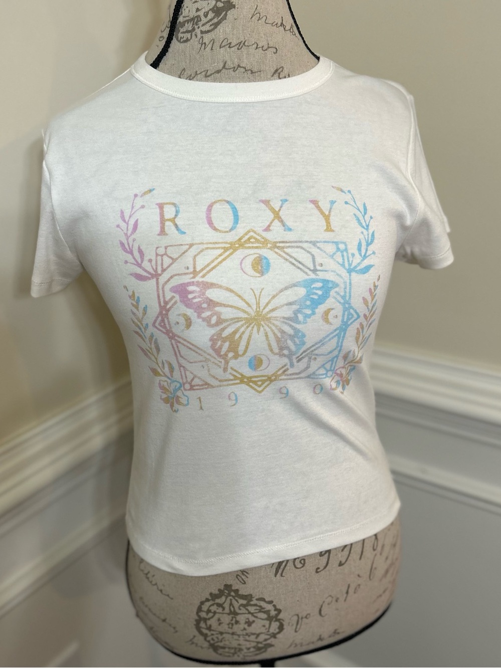 Roxy White Tee with Pastel Butterfly Graphic